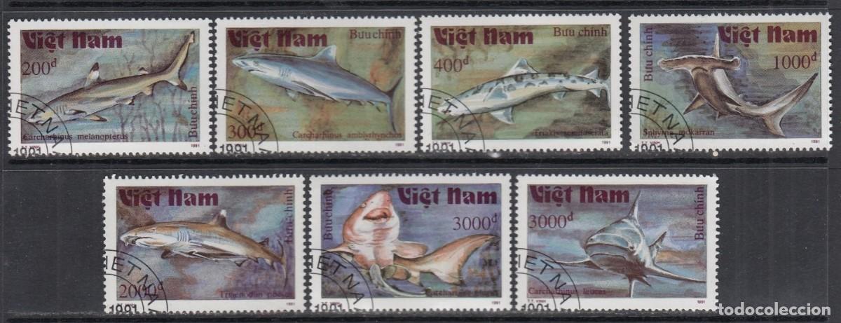 Stamps: VIETNAM 1991 SERIE 7 STAMPS USED MNH FAUNA MARINA REQUINS SHARKS TIBURONES SQUALI HAIE TUBAROES