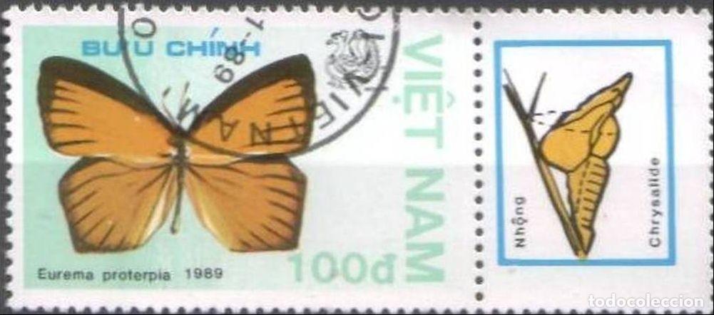 Briefmarken: Vietnam 1989 Scott 1928 Sello * Fauna Mariposas de cola naranja (Eurema proterpia) con vi&ntilde;eta