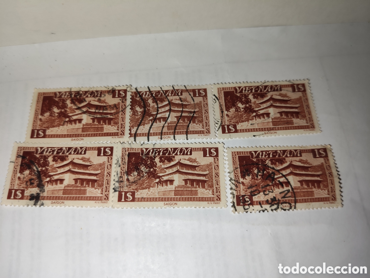 Sellos: 6 sellos de Vietnam Templo de Hungr&iacute;a Vuong en Saigon 1951
