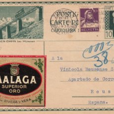 Sellos: E.P. DE SUIZA CON VIÑETA MALAGA SUPERIOR ORO DE RIVERA Y VERA DESTINO REUS - 1930