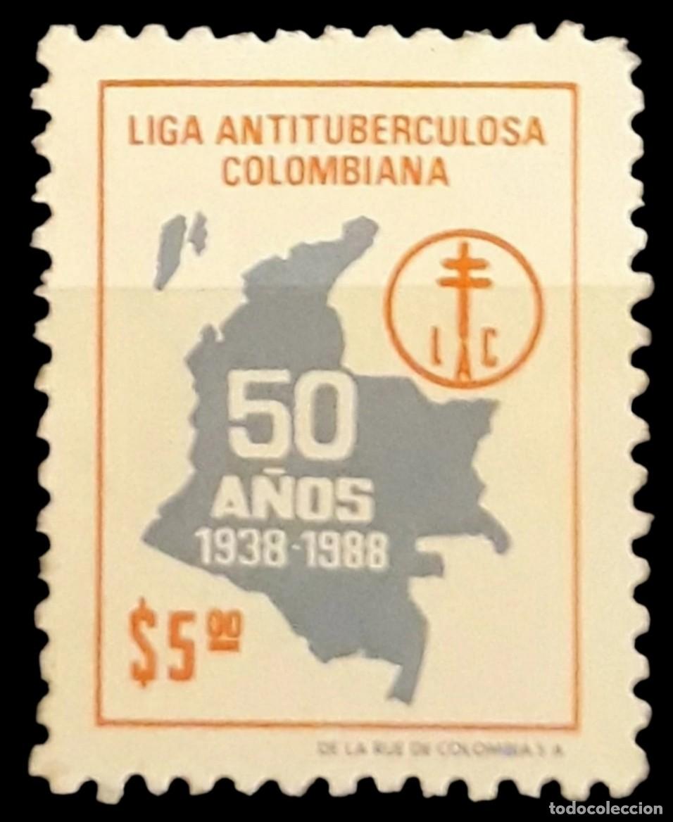 Sellos: COLOMBIA 1988. VI&Ntilde;ETA BEN&Eacute;FICA LIGA ANTITUBERCULOSA COLOMBIANA. USADO.