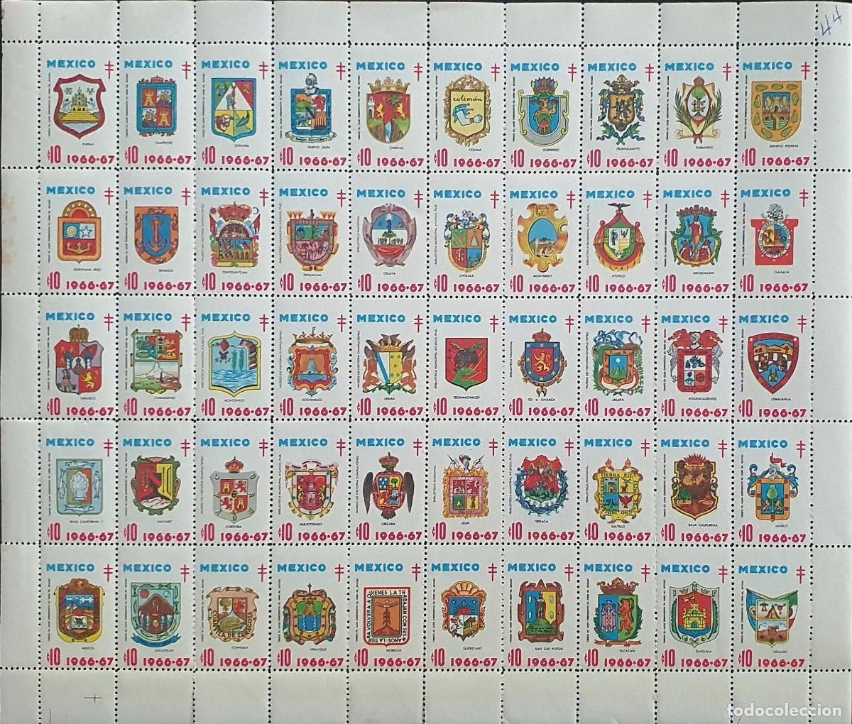 Stamps: PLIEGO 50 VI&Ntilde;ETAS DE MEXICO 1966-67. PRO-TUBERCULOSOS.ESCUDOS.