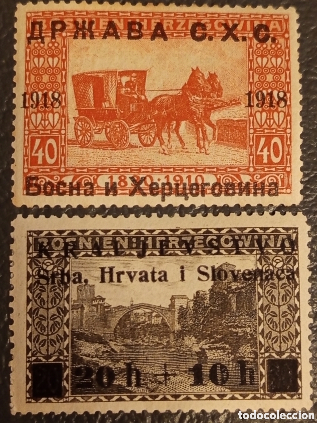 Sellos: Lote 2 Sellos Bosnia SHS 1918-1919 - Carruaje y Mostar - Michel 7 y 38 MNH y MH