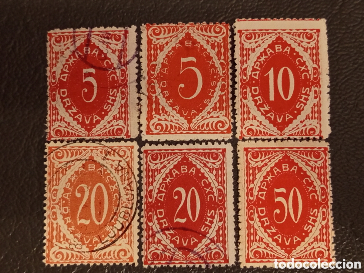 Sellos: Eslovenia SHS 1919 - Lote 6 Sellos Tasa Verigar (5, 10, 20, 50v) Variantes Color - Michel P1/P5 / Yv