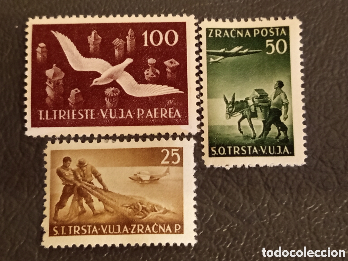 Sellos: Trieste Zona B 1949 - Correo A&eacute;reo &rdquo;VUJA&rdquo; 25, 50, 100 - Michel 12/14 MH