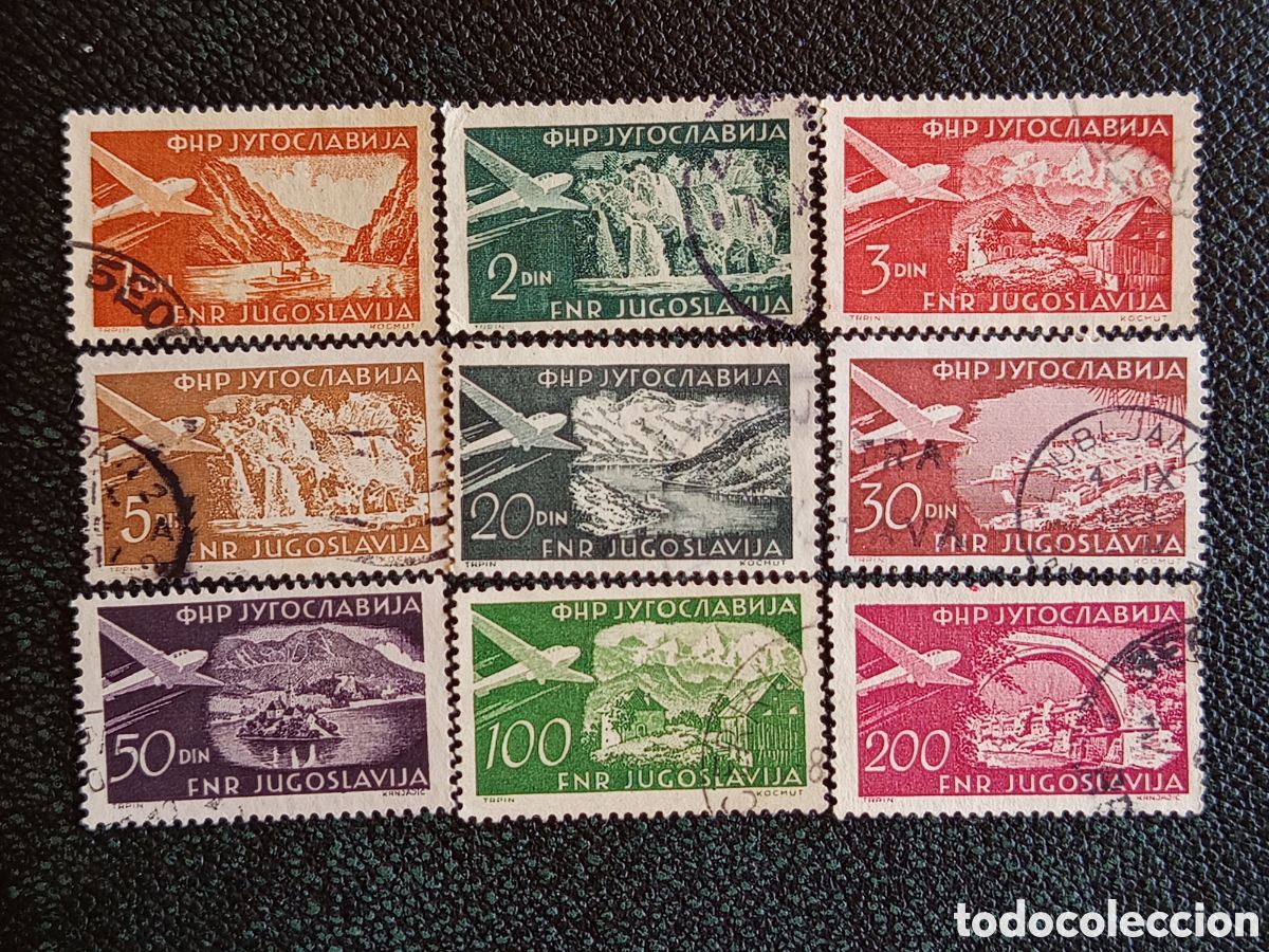 Sellos: Lote 9 Sellos Yugoslavia 1950s Correo A&eacute;reo Paisajes Dinars Usados