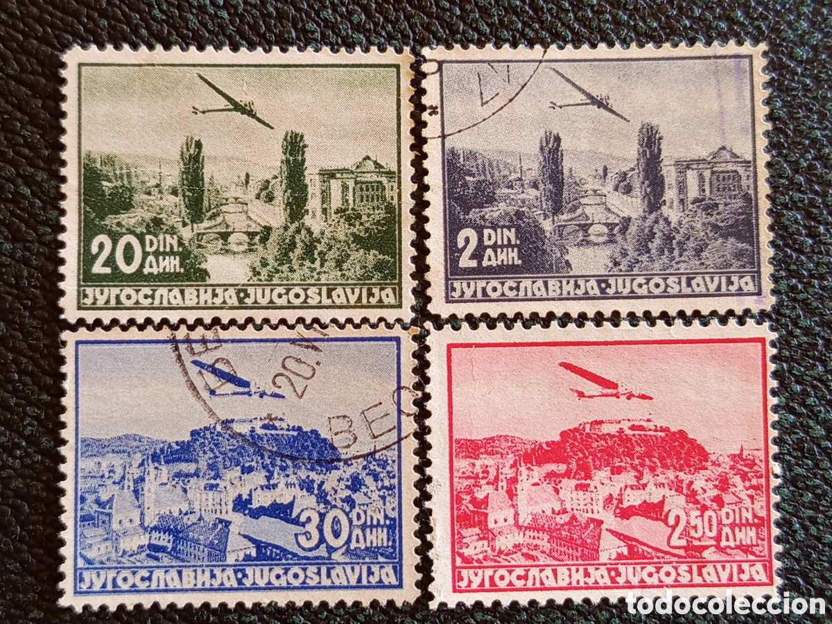 Sellos: Bloque 4 Sellos Yugoslavia 1950s Correo A&eacute;reo Vistas Dinares Usados