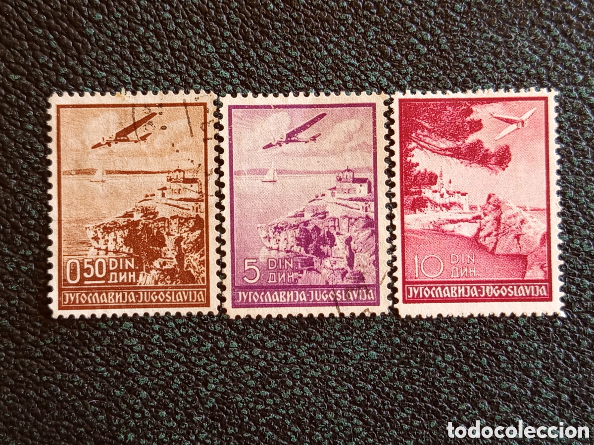 Sellos: Tira 3 Sellos Yugoslavia 1950s Correo A&eacute;reo Paisaje Costero Dinares