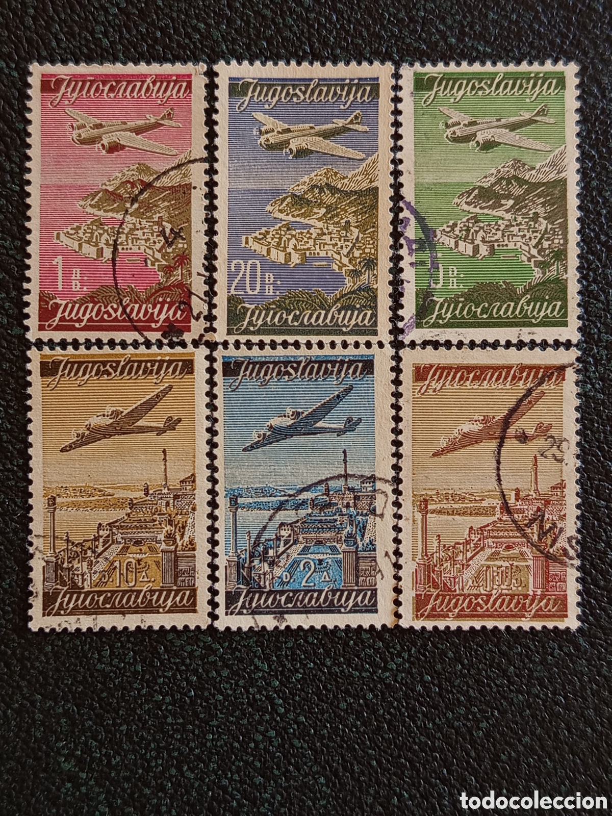 Sellos: Bloque 6 Sellos Yugoslavia 1950s Correo A&eacute;reo Paisajes Usados