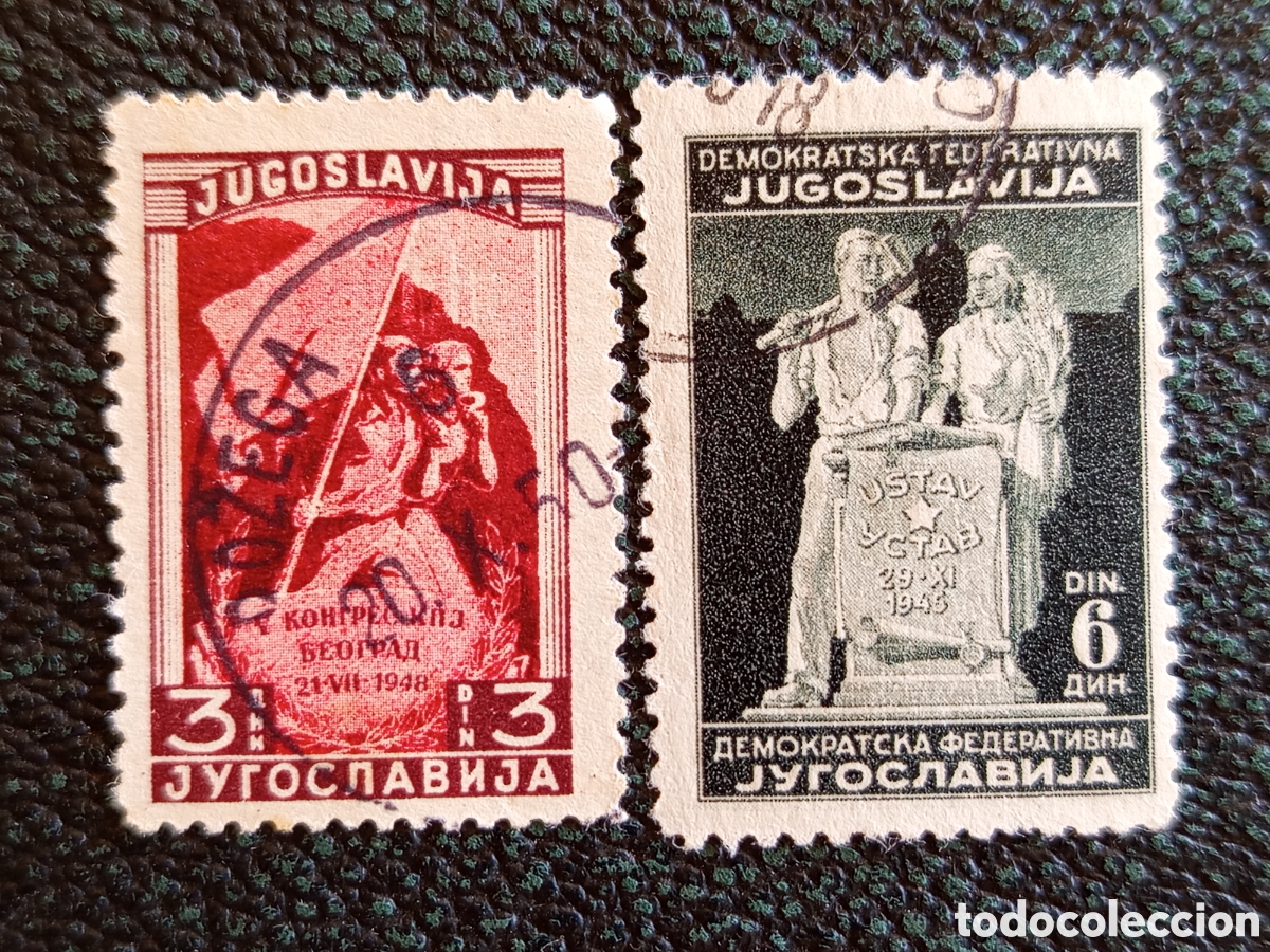 Sellos: Lote 2 sellos Yugoslavia 1940s Congreso Belgrado y Rep&uacute;blica Usados