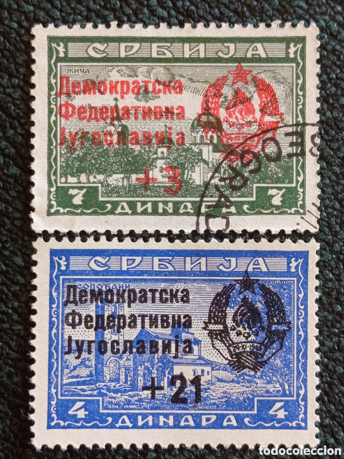 Sellos: Yugoslavia 1945 - Serie Monasterios con Sobrecarga - Michel 453/457 (Usados)