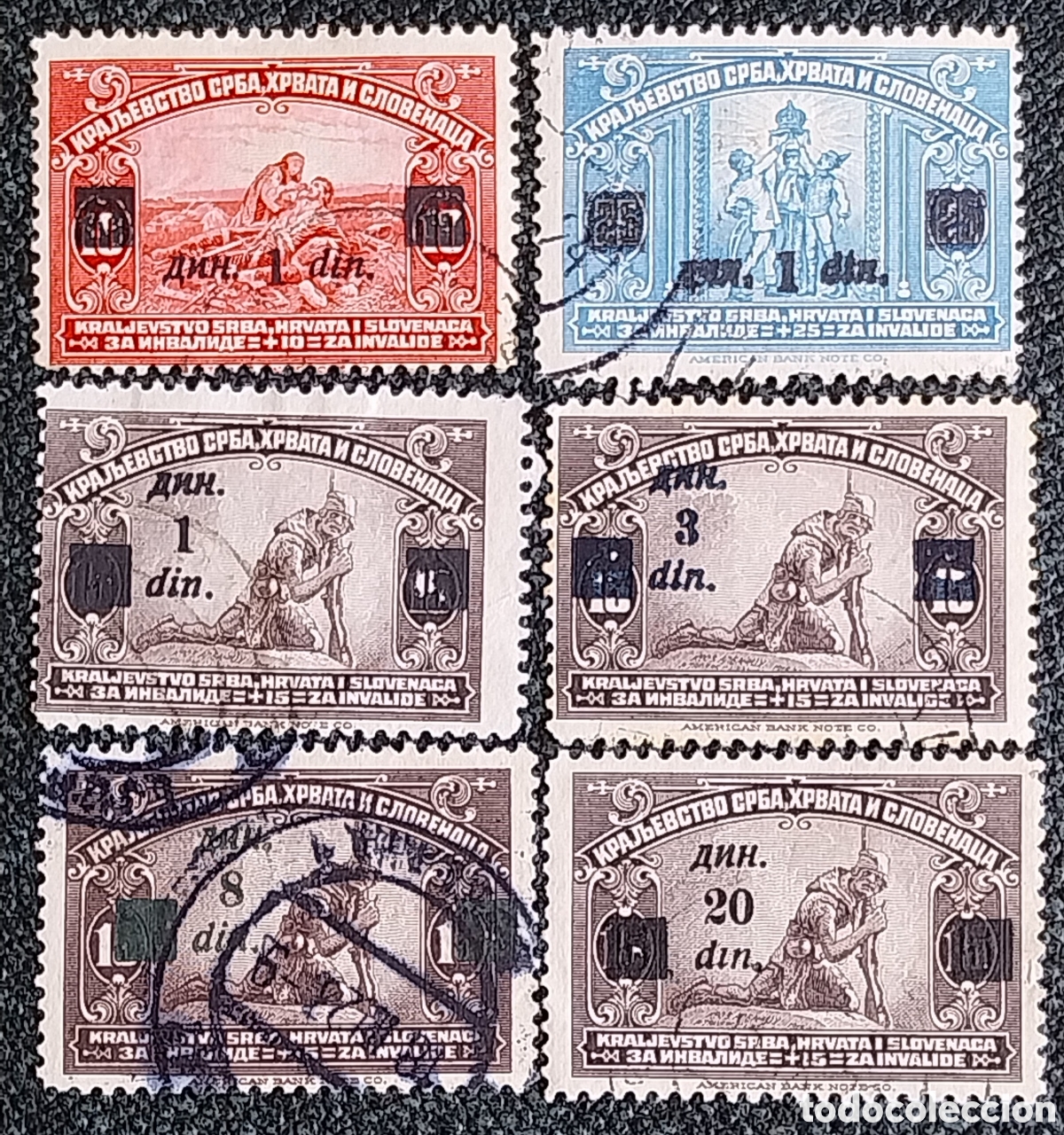 Sellos: Yugoslavia 1922 Serie Inv&aacute;lidos con Sobrecarga 6Valores Completos Scott#B4-B9