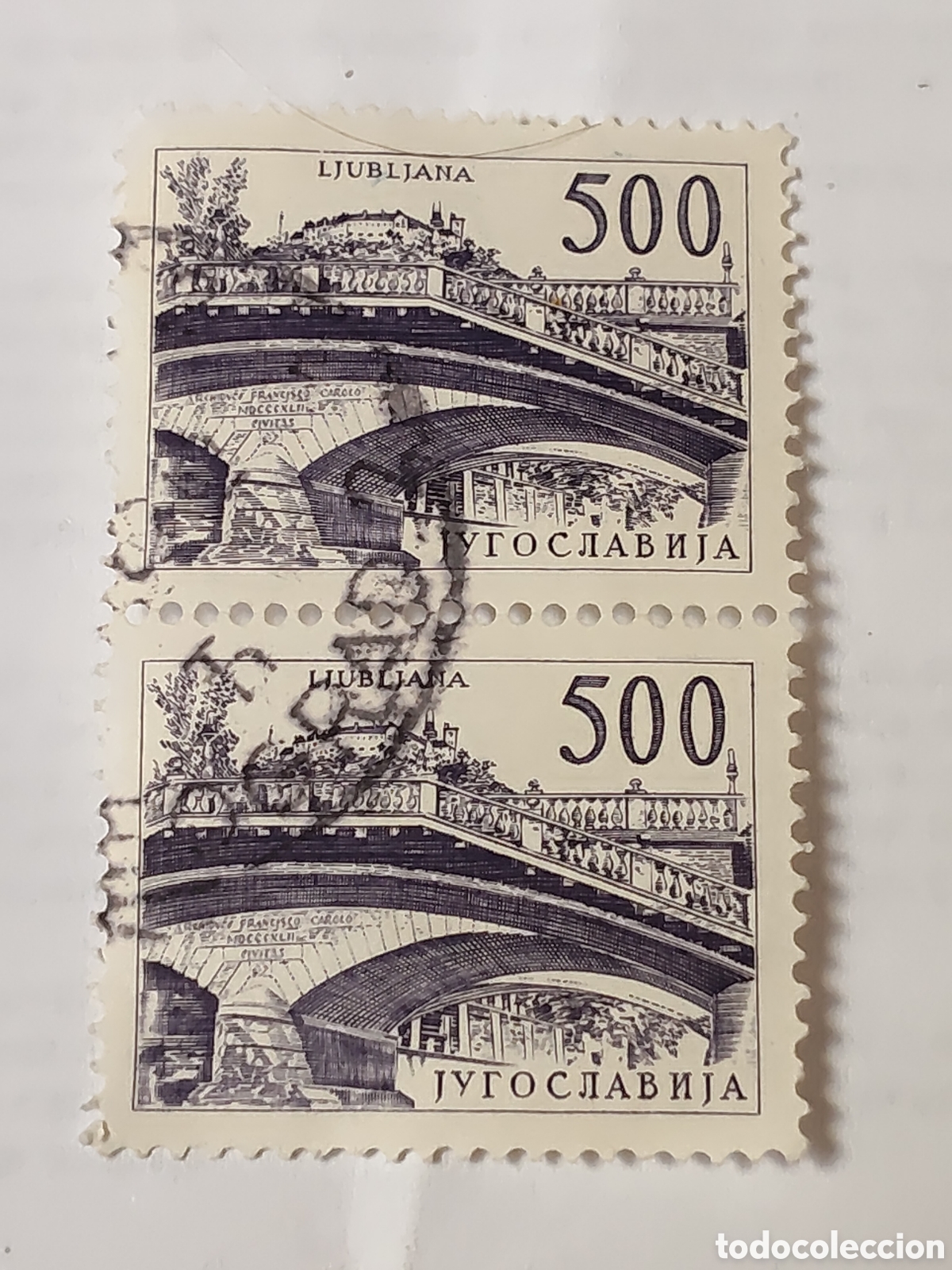 Sellos: Bloque de 2 sellos de Yugoslavia puentes de Liubliana 1961