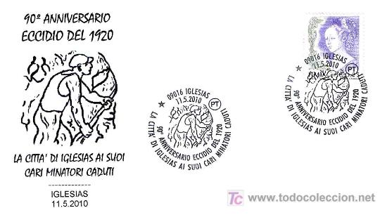 Timbres: MINERIA - 90 aniv. del ACCIDENTE MINERO DE 1920. Iglesias, Italia