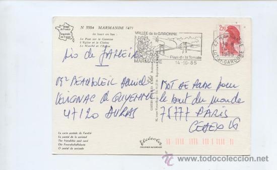 Sellos: ENOLOGIA. VINOS. FRUTAS. PUENTES. FLAMA PUBLICITARIA DE LA LOCALIDAD FRANCESA DE MARMANDE. 1985
