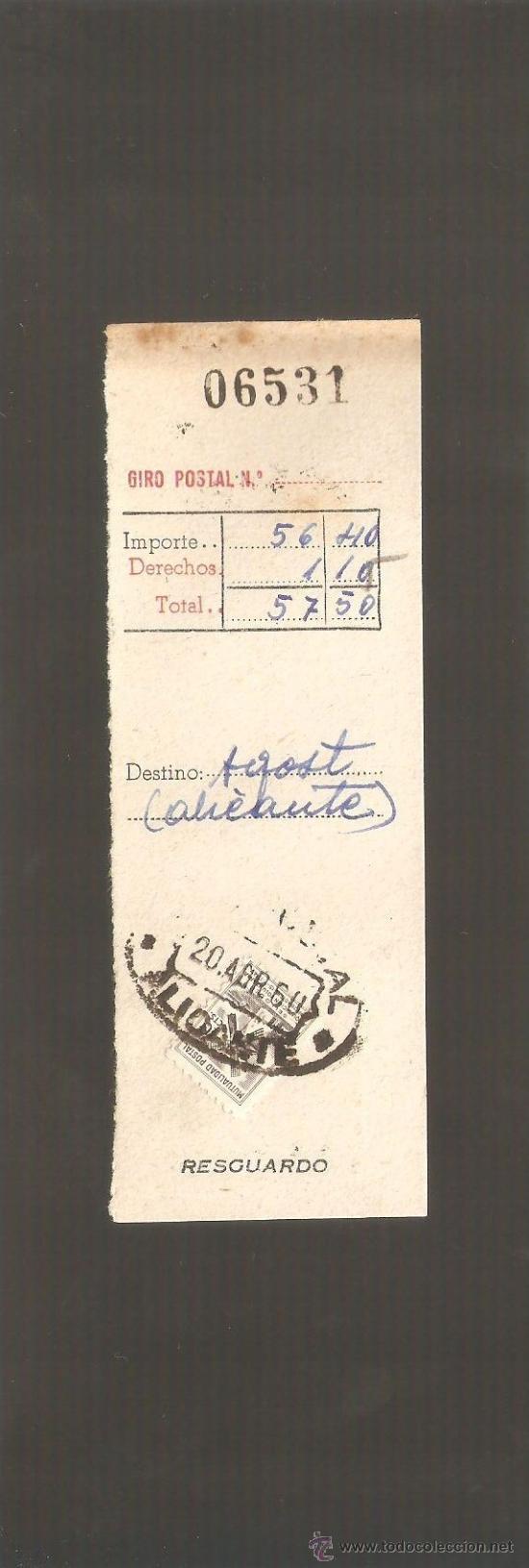 Sellos: Resguardo giro postal,  sello mutua de correos, matasellado Alicante. 1960