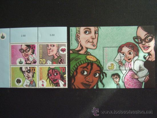 Stamps: COMICS .SUIZA N&ordm; YVERT 1762/5 + HB 33*** A&Ntilde;O 2003. PERSONAJES DE TOM TIRABOSCO