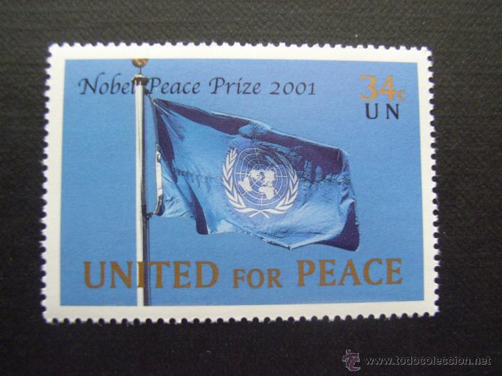 Francobolli: PREMIOS NOBEL. NACIONES UNIDAS NUEVA Y, N&ordm; YVERT 870*** A&Ntilde;O 2001.ONU Y KOFI ANNAN, P. NOBEL PAZ 2001