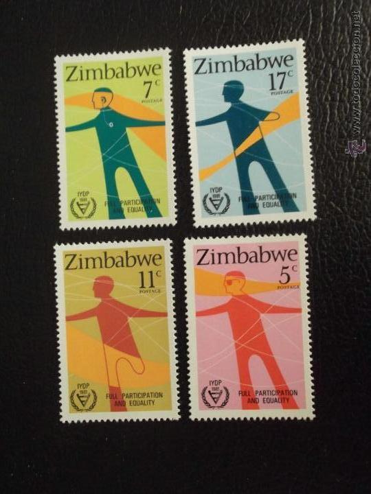 Stamps: Zimbabwe. 25/28 A&ntilde;o internacional de las personas disminuidas: Ciego, sordomudo, sin una pierna y ma