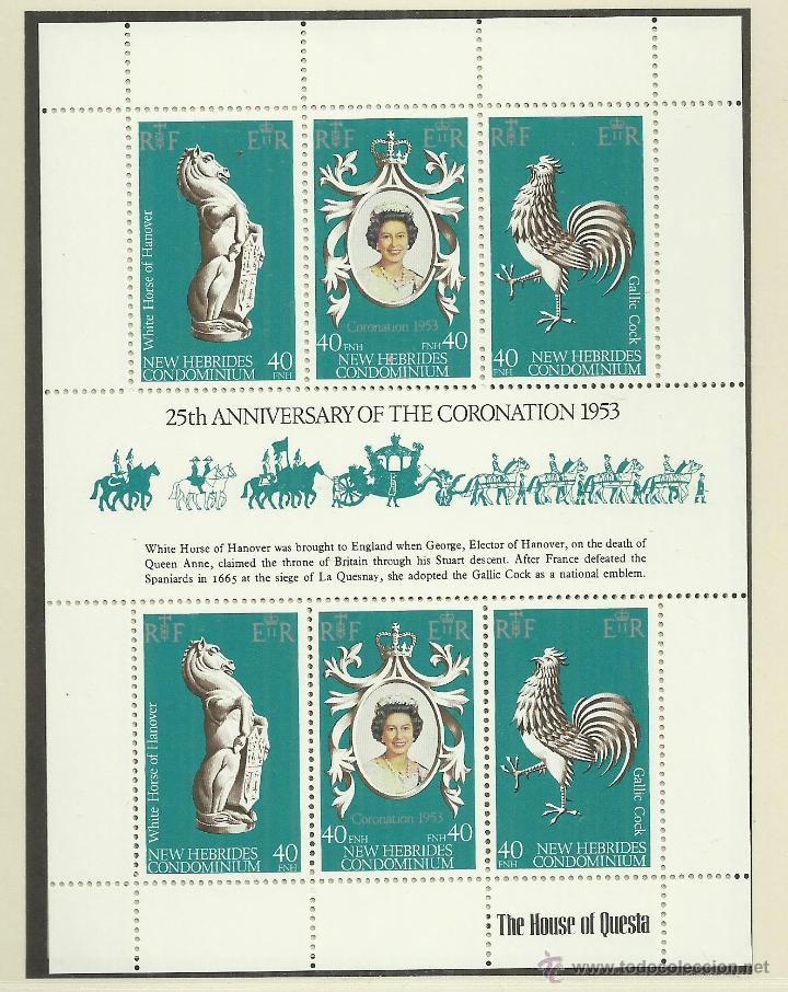 Timbres: CONDOMINIO NUEVAS HEBRIDAS DOS HOJITAS 25 ANIVERSARIO CORONACION ISABEL II EMISION EN INGLES Y FRANC