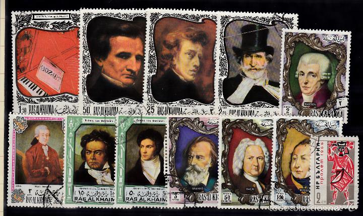 Timbres: LOTE DE 12 SELLOS DE BUENA CALIDAD DE M&Uacute;SICA Y PERSONAJES.