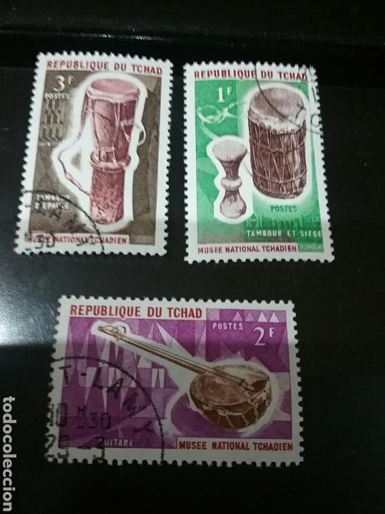 Timbres: Sellos de la R. de Chad (Tchad)matasellados.1965. Instrumentos musicales.Arte.Folklore.Tambor.Guitar