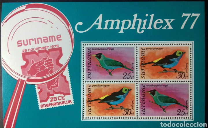 Sellos: Hoja Bloque de Surinam P&aacute;jaros 1977 - Foto 1