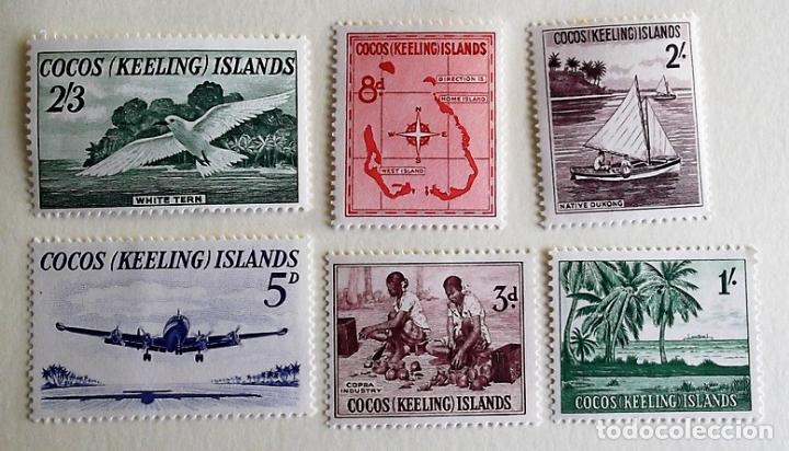 Timbres: Cocos. 1/6 Serie b&aacute;sica: Copra, aterrizaje de un Constellation, mapa, coccoteros, barco ind&iacute;gena, st
