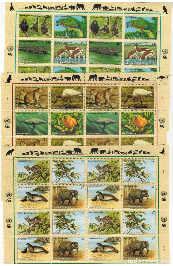 Stamps: JUEGO DE 3 MINIPLIEGOS PROTECCION DE LA NATURALEZA NACIONES UNIDAS 1994