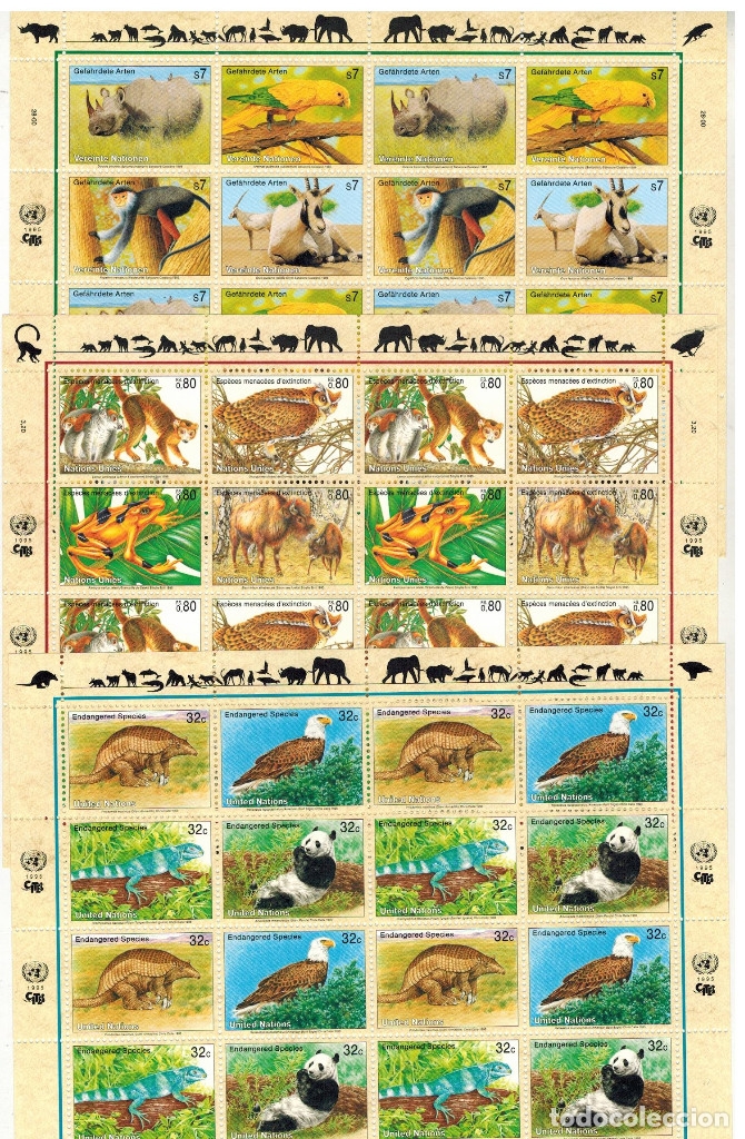 Stamps: JUEGO DE 3 MINIPLIEGOS PROTECCION DE LA NATURALEZA NACIONES UNIDAS 1995