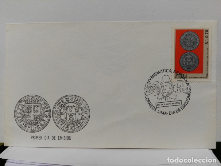 Sellos: PERU. FDC. NUMISMATICA PERUANA. PRIMERA MONEDA PERUANA. 07/08/1992 - Foto 1