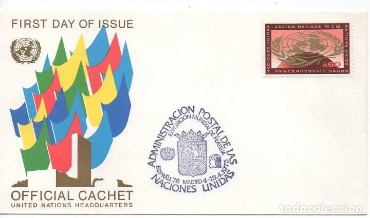 Timbres: 1975 Sobre sello Naciones Unidas matasello Espocici&oacute;n Mundial