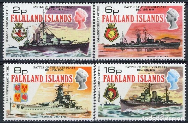 Sellos: Falkland 1974 Ivert 231/34 *** 35º Aniversario de la Batalla Naval del Rio de la Plata - Barcos - Foto 1 - 196525722
