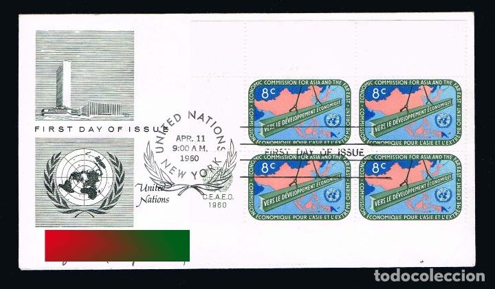 Stamps: NACIONES UNIDAS 1960 SOBRE PRIMER DIA con sello n&ordm; 80 (Bloque de 4)