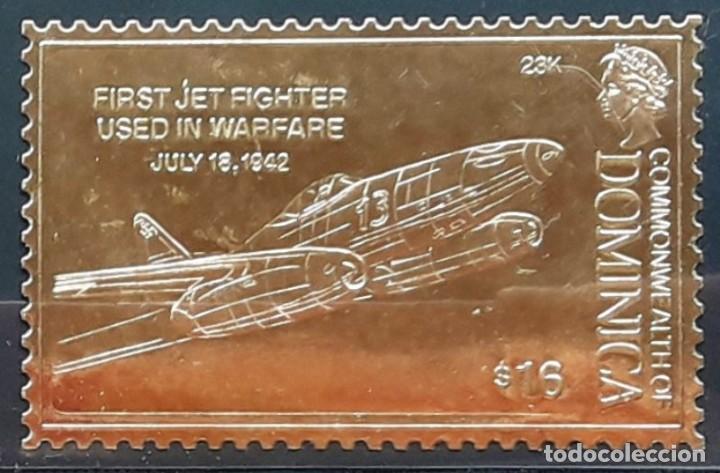 Stamps: COMMONWEALTH OF DOMINICA - LAMINADO DE ORO 23K - PRIMER JET FIGHTER UTILIZADO EN GUERRA - JULIO 1942
