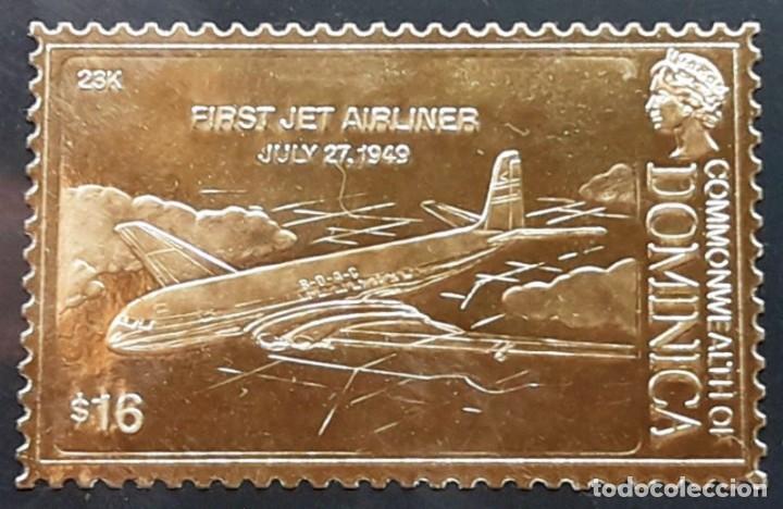 Stamps: COMMONWEALTH OF DOMINICA - SELLO LAMINADO DE ORO 23K - PRIMER JET COMERCIAL - JULIO 1949