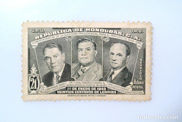 Sellos: ANTIGUO SELLO POSTAL HONDURAS 1949 ,21 CENTAVOS, J.M. GALVEZ, TIBURCIO CARIAS,JULIO LOZANO, USADO - Foto 1 - 226916370