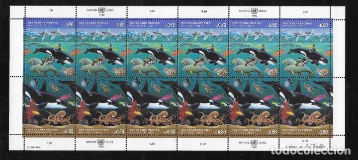 Briefmarken: O) 1992 NACIONES UNIDAS, OC&Eacute;ANOS LIMPIOS, SUPERFICIE, FONDO, BALLENAS, PESCADOS, PULPO, BALLENA ORCA