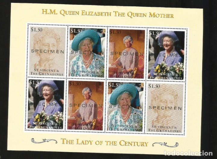 Briefmarken: O) 2000 ST. VICENTE Y LAS GRANADINAS, MUESTRA, REINA ELIZABETH, LA REINA MADRE, FLORES, LIGERAMENTE