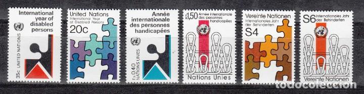 Sellos: NACIONES UNIDAS 1981 - A&Ntilde;O DE LOS MINUSVALIDOS (3 SEDES) - YVERT N&ordm; 335/336** - 97/98** - 17/18**