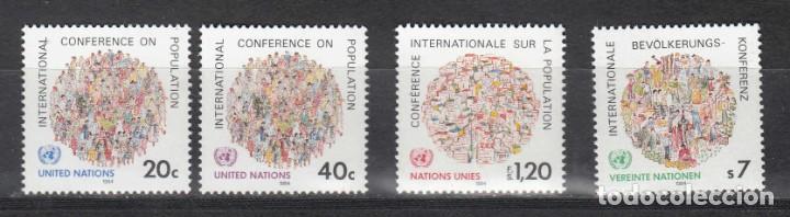 Sellos: NACIONES UNIDAS 1984 - CONFERENCIA SOBRE LA POBLACION (3 SEDES) - YVERT N&ordm; 408/409** - 119** - 38**