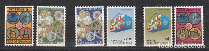 Sellos: NACIONES UNIDAS 1983 - COMERCIO Y DESARROLLO (3 SEDES) - YVERT N&ordm; 388/389** - 115/116** - 34/35**