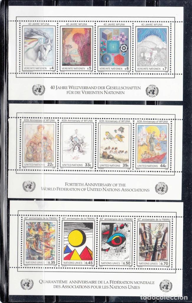 Sellos: NACIONES UNIDAS 1986 - 40 ANIVERSARIO DE LA ONU (3 SEDES) - YVERT N&ordm; HB-9** - HB4** - HB3**