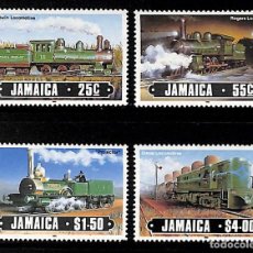 Sellos: JAMAICA, 1985 YVERT Nº 628 / 631 /**/, FERROCARRILES / LOCOMOTORAS. SIN FIJASELLOS. Lote 354729093
