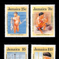 Sellos: JAMAICA, 1989 YVERT Nº 747 / 750 /**/, ANIVERSARIO DEL DESCUBRIMIENTO DE AMÉRICA. SIN FIJASELLOS. Lote 354745463