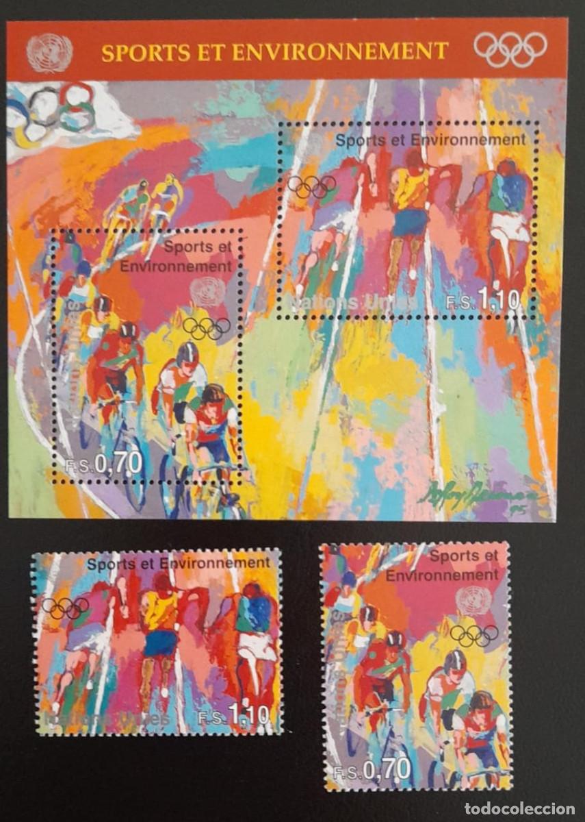 Sellos: SO) 1996 NACIONES UNIDAS, DEPORTES Y MEDIO AMBIENTE, CICLISMO, OLIMP&Iacute;ADAS, PINTURA, COLORES HERMOSOS