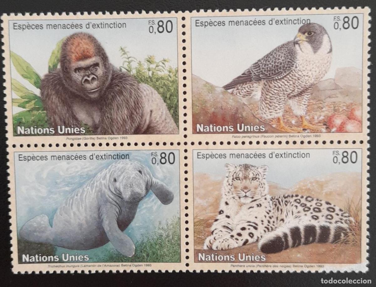 Timbres: SO) NACIONES UNIDAS, ANIMALES EN PELIGRO, VIDA SILVESTRE, AVES, MANAT&Iacute;ES, GORILAS, BLOQUE 4 MNH