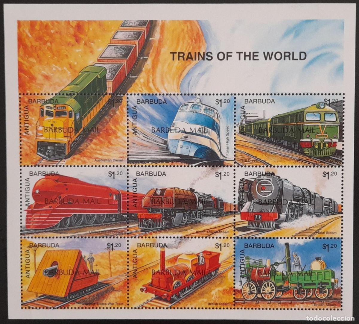 Timbres: SO) BARBUDAS, TRAINS OF THE WORLD BLADE SOUVENIR, MNH