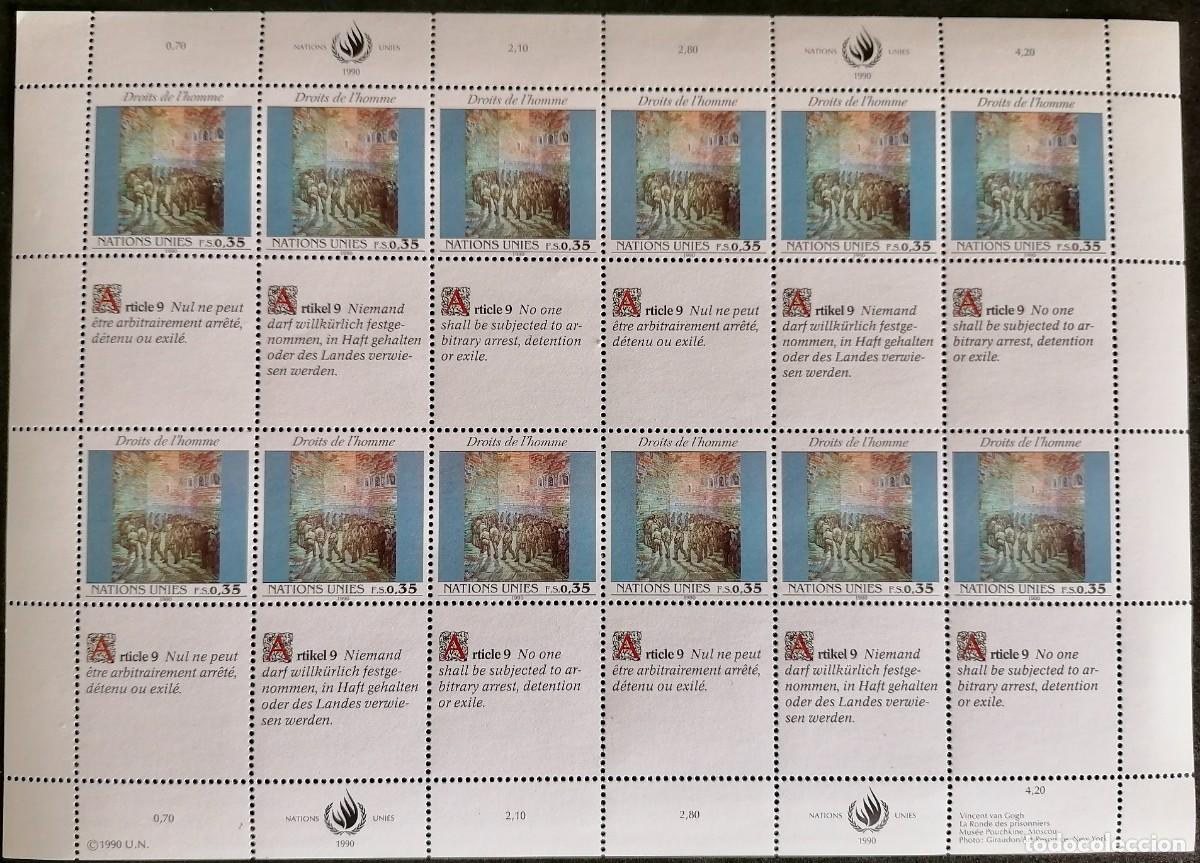 Sellos: NACIONES UNIDAS . GINEBRA 1990 - HB DERECHOS HUMANOS - ART. 9 .