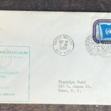 Sellos: D)1959, UNITED NATIONS, ON AIR MAIL OF THE FIRST PAN AMERICAN JET, FROM NEW YORK TO DUSSELDORF, XF
